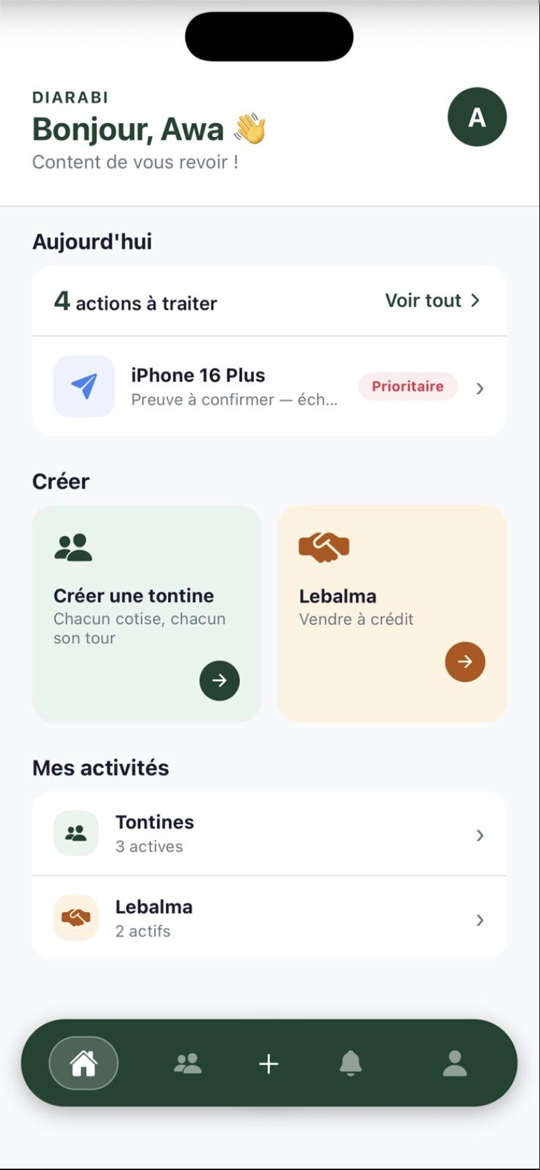 Accueil Diarabi : actions à traiter, création de tontine ou Lebalma et activités en cours