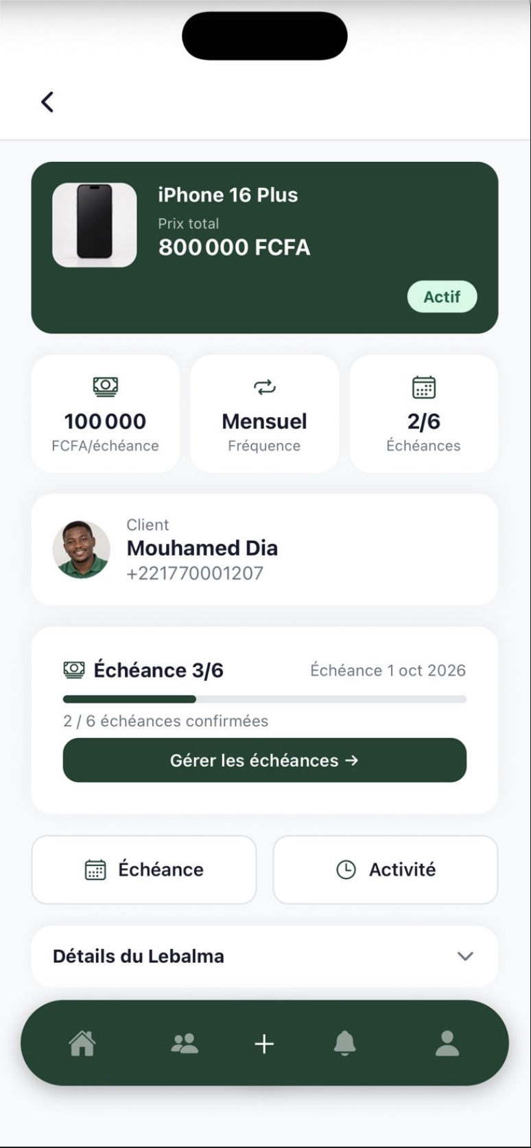 Écran Diarabi : suivi des échéances confirmées et restantes d’une vente à crédit