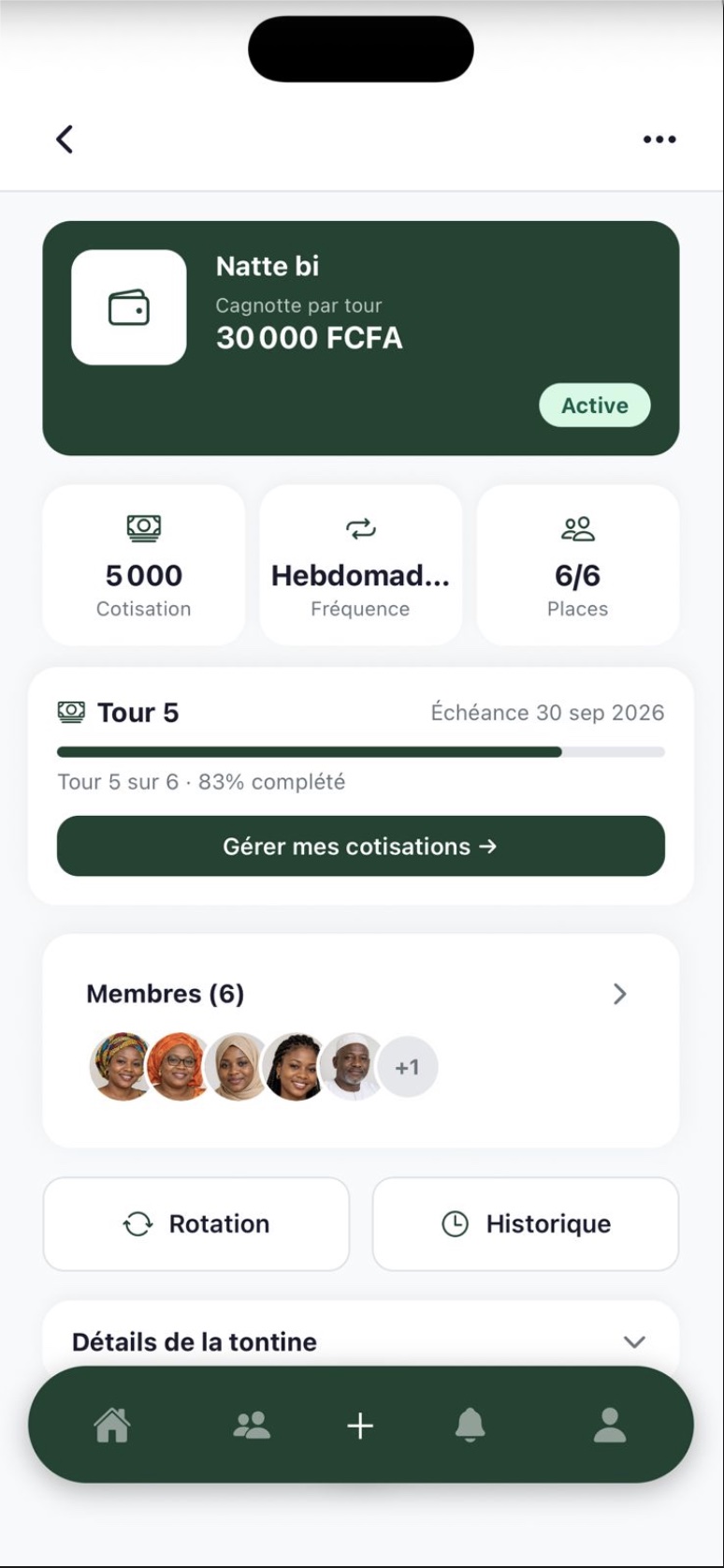Écran Diarabi : montant de cotisation, fréquence et calendrier des tours de tontine