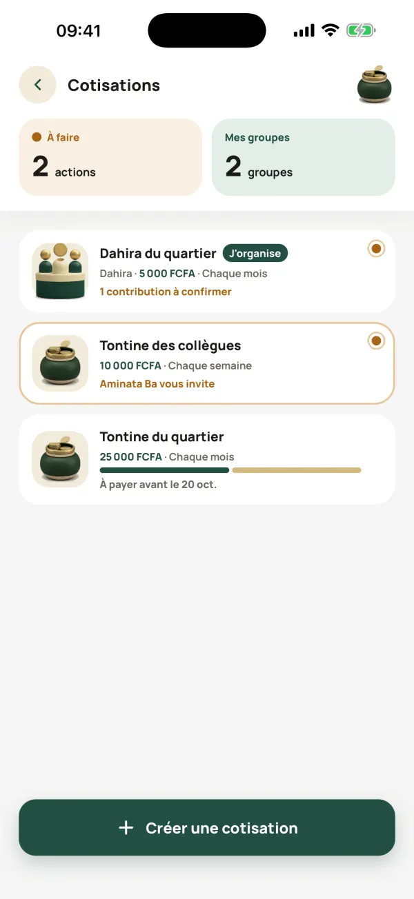 La liste des cotisations : une tontine et un dahira