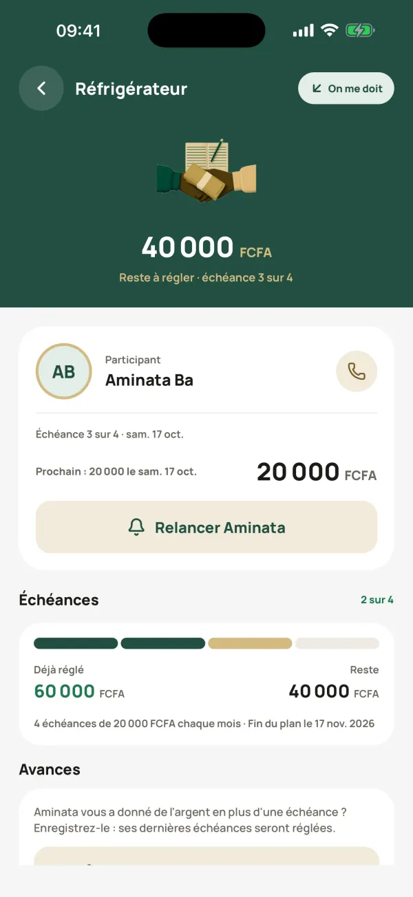 La fiche d'un crédit : reste à régler, prochaine échéance, échéances réglées