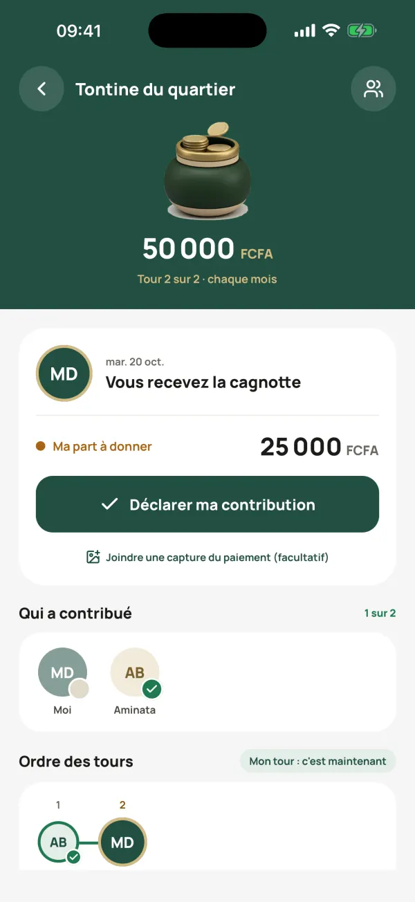 Une tontine dans Diarabi : le tour du jour, ma part à donner, qui a contribué